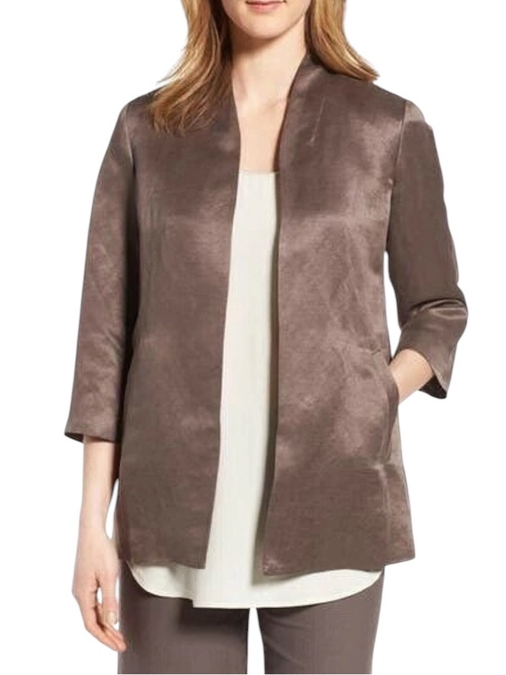 Eileen Fisher Organic Linen and Silk Open Front Blazer Jacket